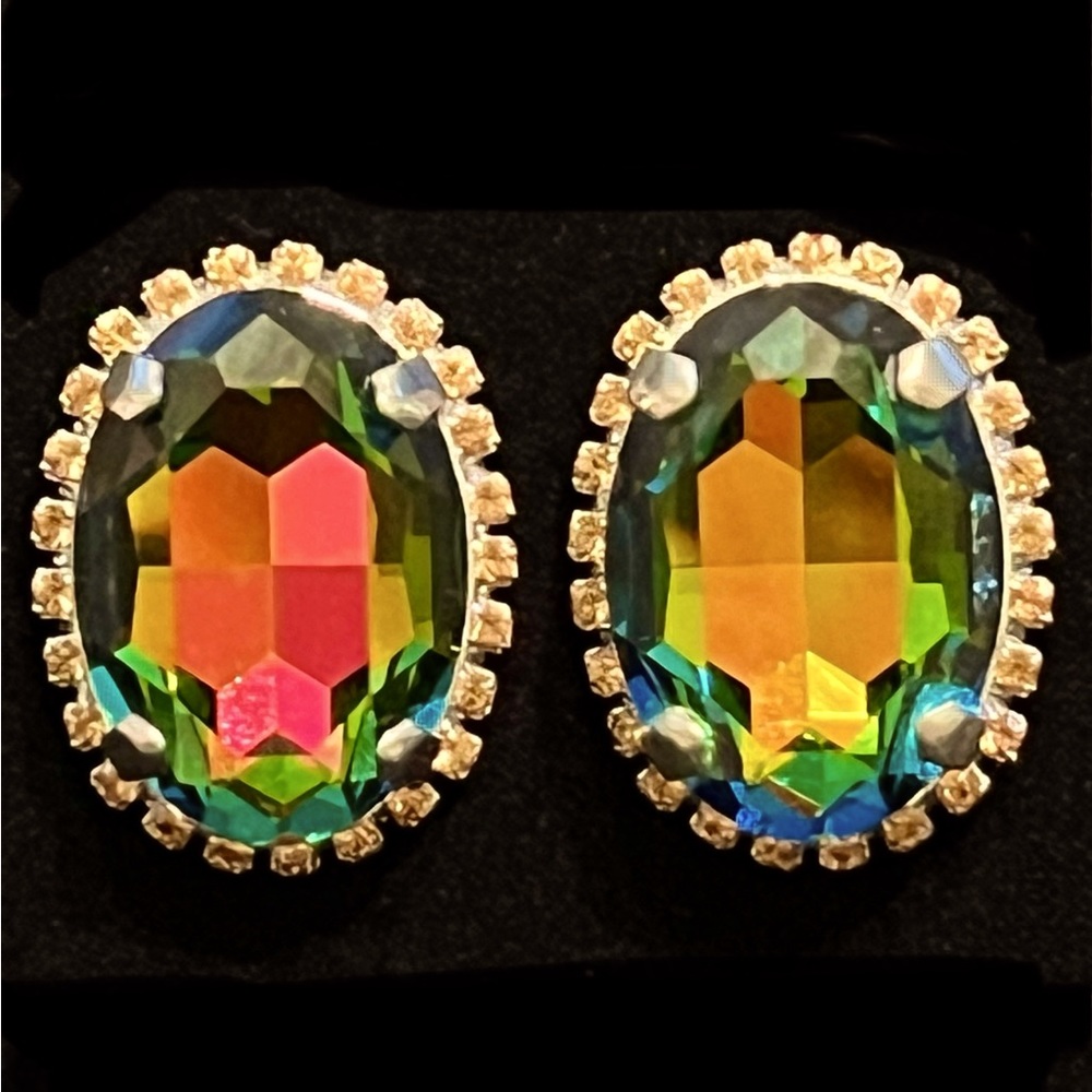 Rodrigo Otazu Aurora Borealis Swarovski Crystal Earrings, NWT, silver setting